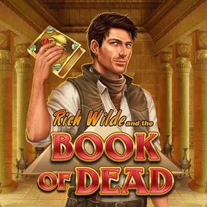 Spilikon for Book of Dead fra Play'n GO: eventyreren Rich Wilde holder en gylden bog op i en egyptisk tempelhal