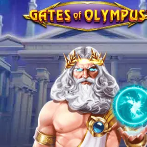 Spillikon for Gates of Olympus fra Pragmatic Play: hvitskjegget Zevs med laurbærkrans og lysende kule foran et gresk tempel
