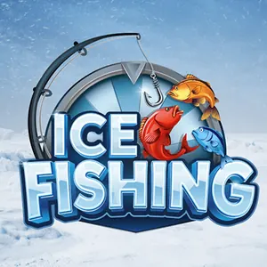 Spillikon for Ice Fishing fra Evolution: fiskestang og tre fargerike fisker foran et pengehjul i et snødekt landskap