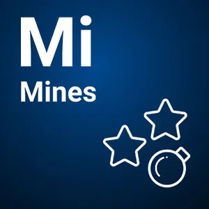 Spillikon for Mines fra Spribe: hvit tekst «Mi» og «Mines» på mørkeblå bakgrunn med to stjerner og en tegnet mine