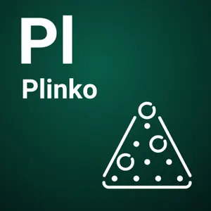 Spillikon for Plinko fra Spribe: hvit tekst «Pl» og «Plinko» på mørkegrønn bakgrunn med en tegnet pyramide av kuler