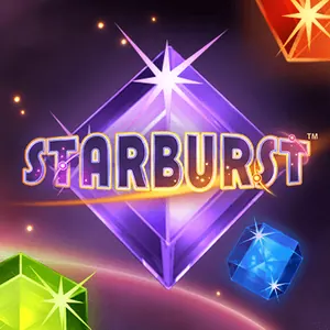 Spillikon for Starburst fra NetEnt: lilla krystall med logo i gull foran stjernehimmel, omgitt av grønne og blå edelsteiner
