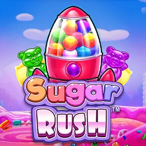 Spelikon för Sugar Rush från Pragmatic Play: rosa godisautomat full av färgglada kulor mellan två gelébjörnar