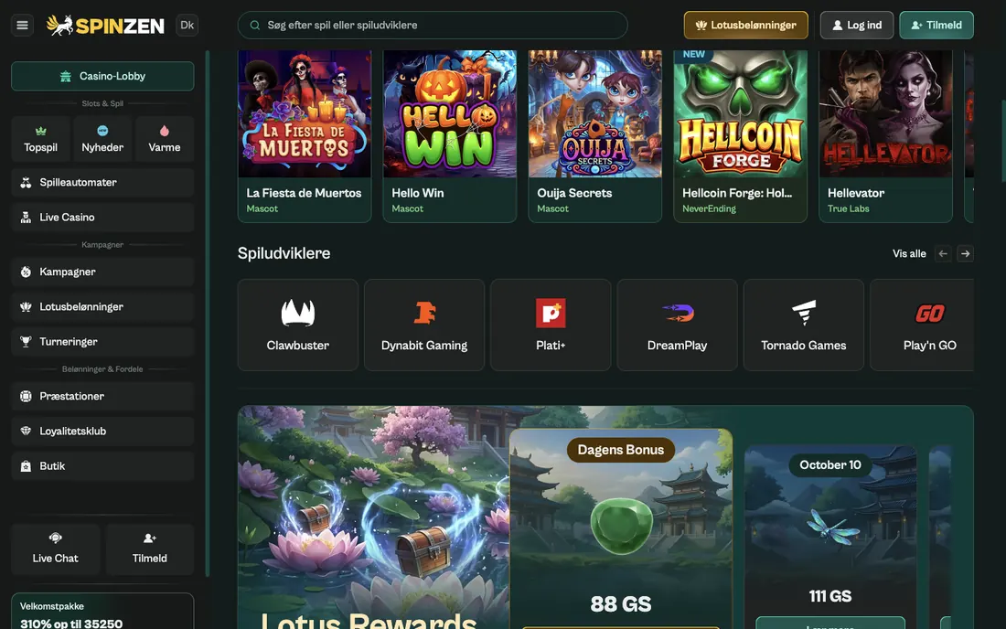 Skærmbillede af Spinzens danske lobby på desktop med venstremenu, kategorifaner og rækker af spil