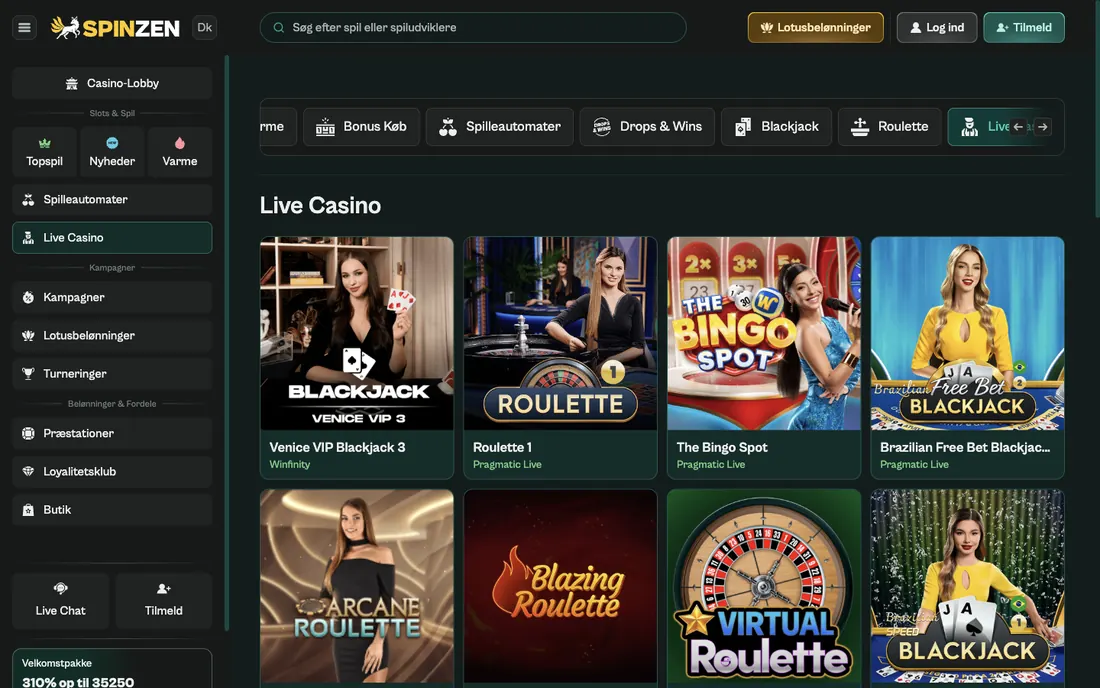 Skærmbillede af Live Casino-kategorien i Spinzens danske lobby på desktop med borde fra flere live-studier