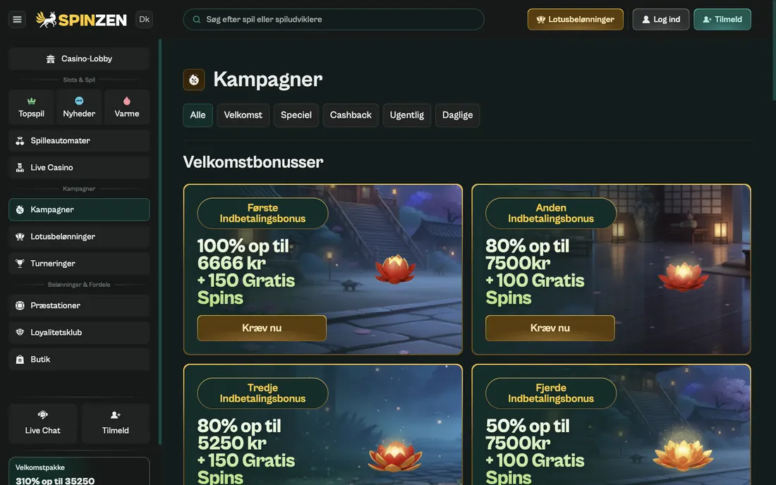 Skærmbillede af Spinzens danske kampagneside med bonuskort for velkomstpakke, cashback og ugentlige free spins