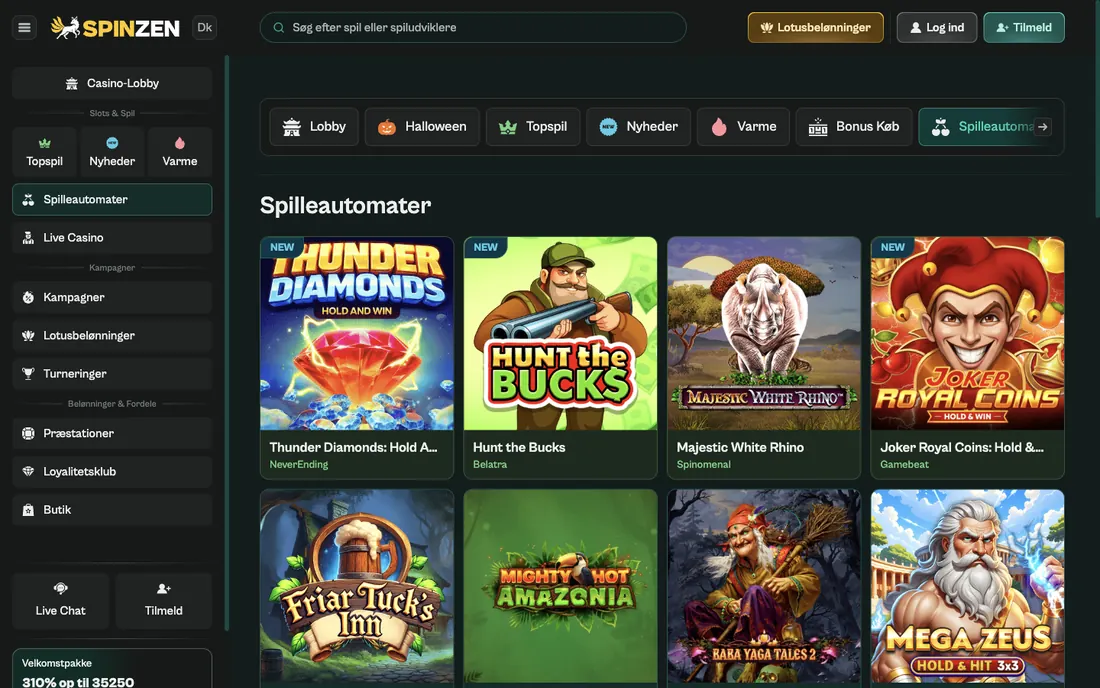 Fanen Spilleautomater i Spinzens danske lobby på desktop med kategorifaner, søgefelt og gitter af spilkort