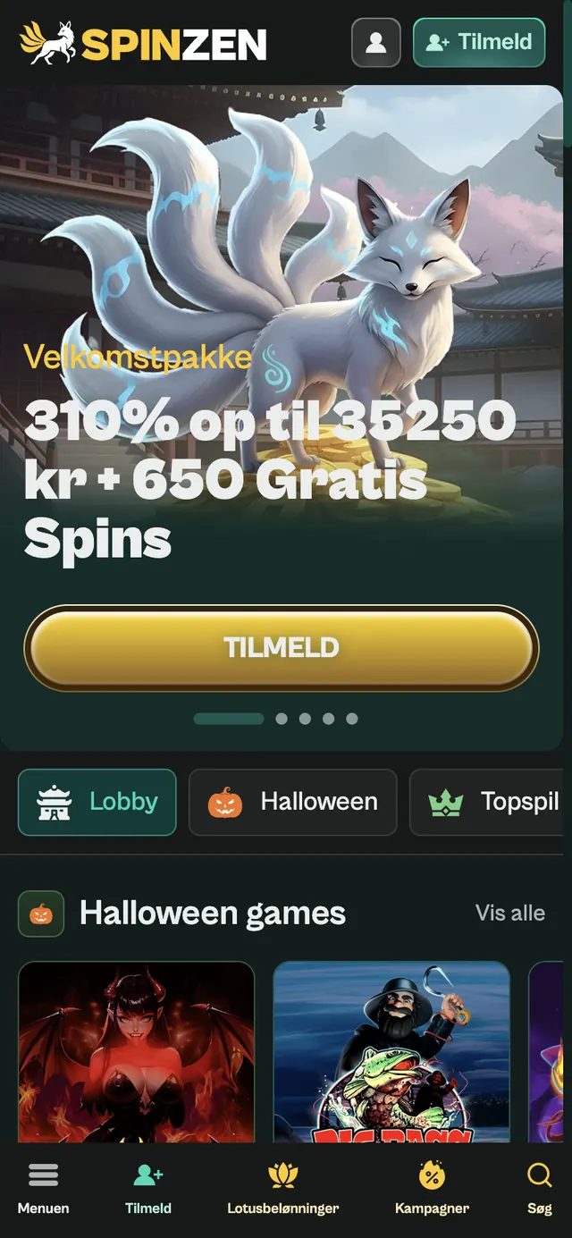 Spinzens danske forside på mobil med logo, Tilmeld-knap, velkomstbanner og bundmenu med fem knapper