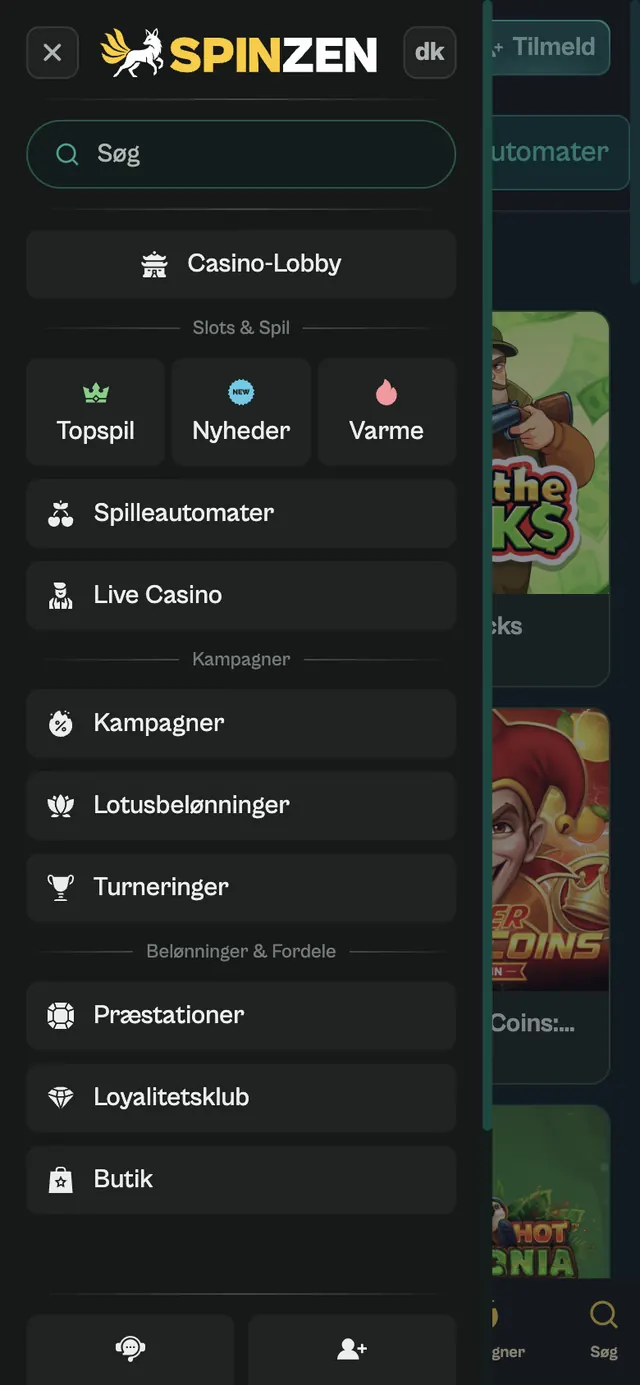 Åben menu på Spinzens mobilside med søgefelt, Casino-Lobby, Spilleautomater, Kampagner og Butik
