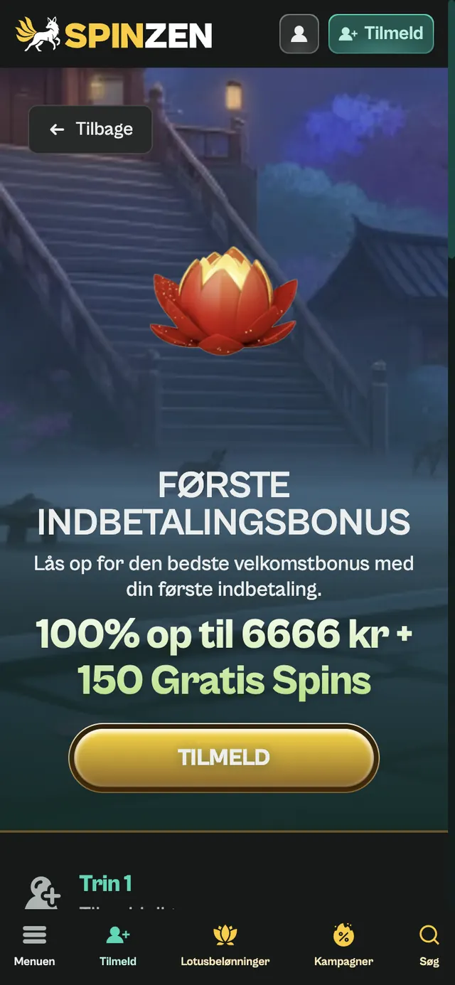 Skærmbillede af Spinzens danske bonusside på mobil med første indbetalingsbonus, trin 1–4 og vilkårsfeltet