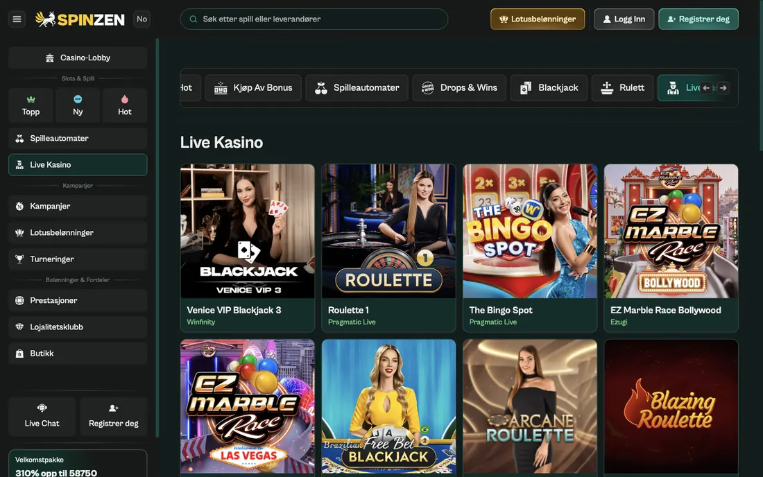 Skjermbilde av live casino-kategorien i Spinzens norske lobby på desktop med bord og game shows fra flere studioer