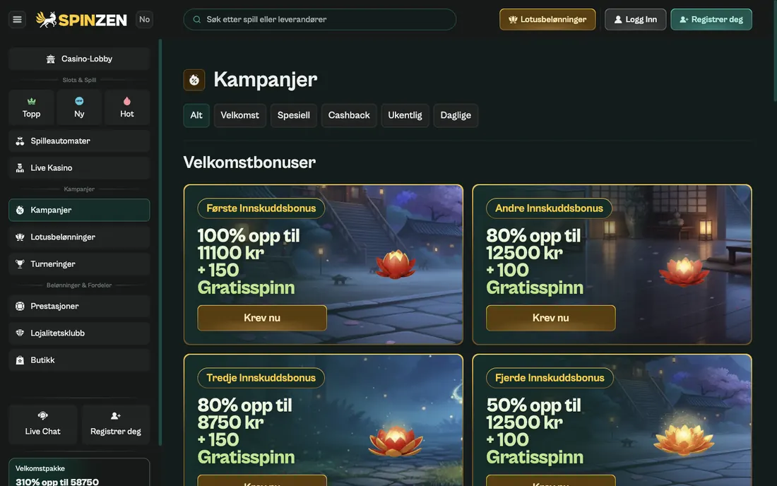 Skjermbilde av Spinzens norske kampanjeside med bonuskort for velkomstpakke, cashback og ukentlige free spins