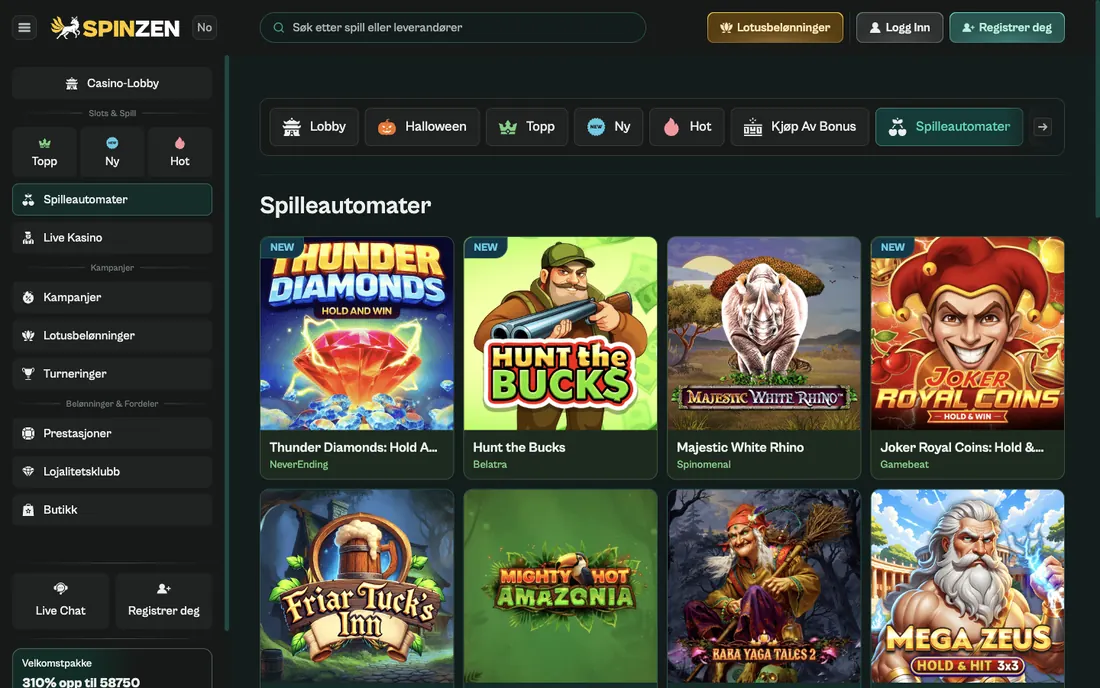 Kategorien for spilleautomater i Spinzens lobby på desktop med kategorifaner, søkefelt og rutenett av spillkort