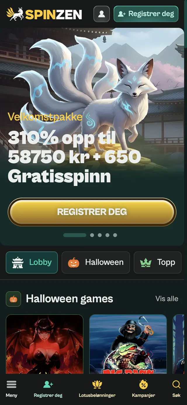 Spinzens norske forside på mobil med logo, Registrer deg-knapp, velkomstbanner og bunnmeny med fem knapper