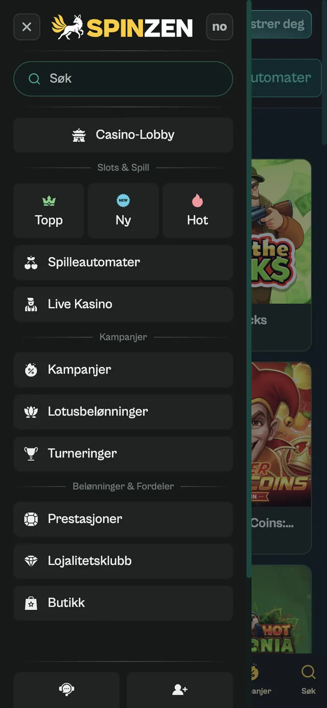 Åpen meny på Spinzens norske mobilside med søkefelt, Casino-Lobby, Spilleautomater, Kampanjer og Butikk