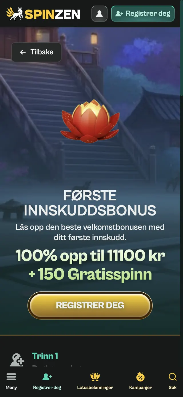 Skjermbilde av Spinzens norske bonusside på mobil med første innskuddsbonus, trinn 1–4 og vilkårsfeltet