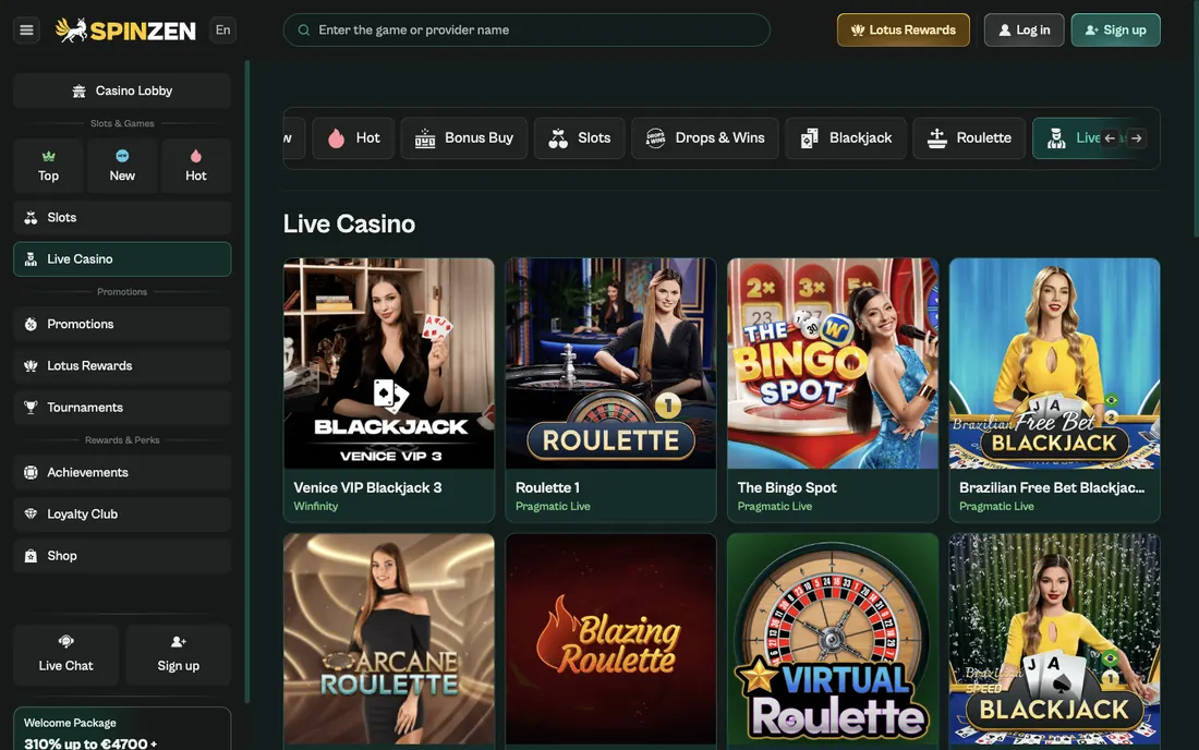 Kategorin Live Casino i Spinzens engelska lobby på desktop med blackjack-, roulette- och showbord från flera studior