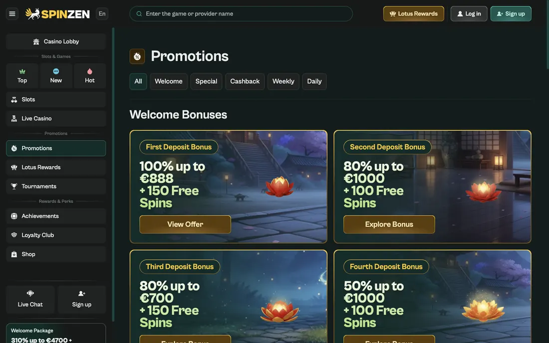 Skärmbild av Spinzens engelska kampanjsida med bonuskort för välkomstpaket, cashback och free spins