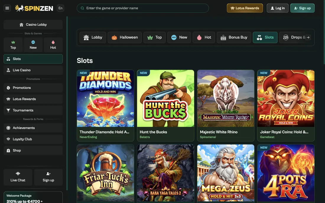 Fliken Slots hos Spinzen på desktop med kategorirad, sökfält och rutnät av spelkort med studionamn, engelsk version