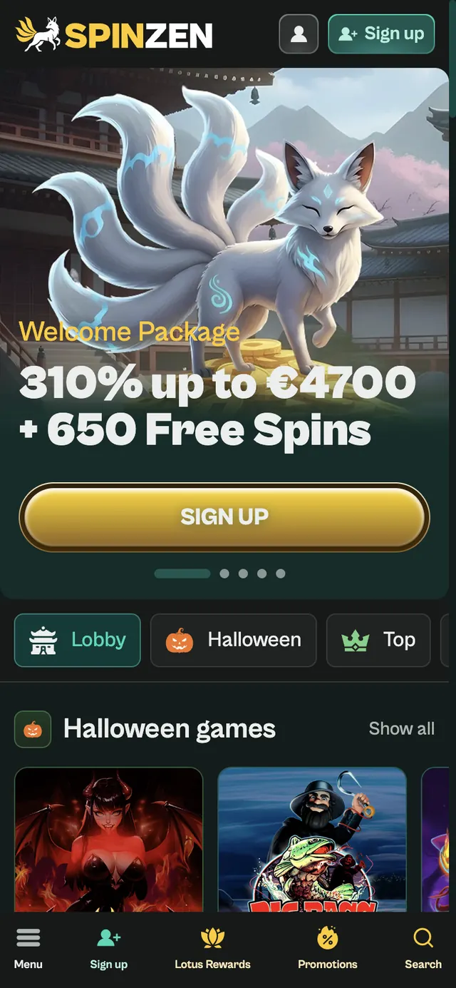 Spinzens engelska startsida i mobilen med logga, Sign up-knapp, bannern Welcome Package och bottenfält med fem knappar