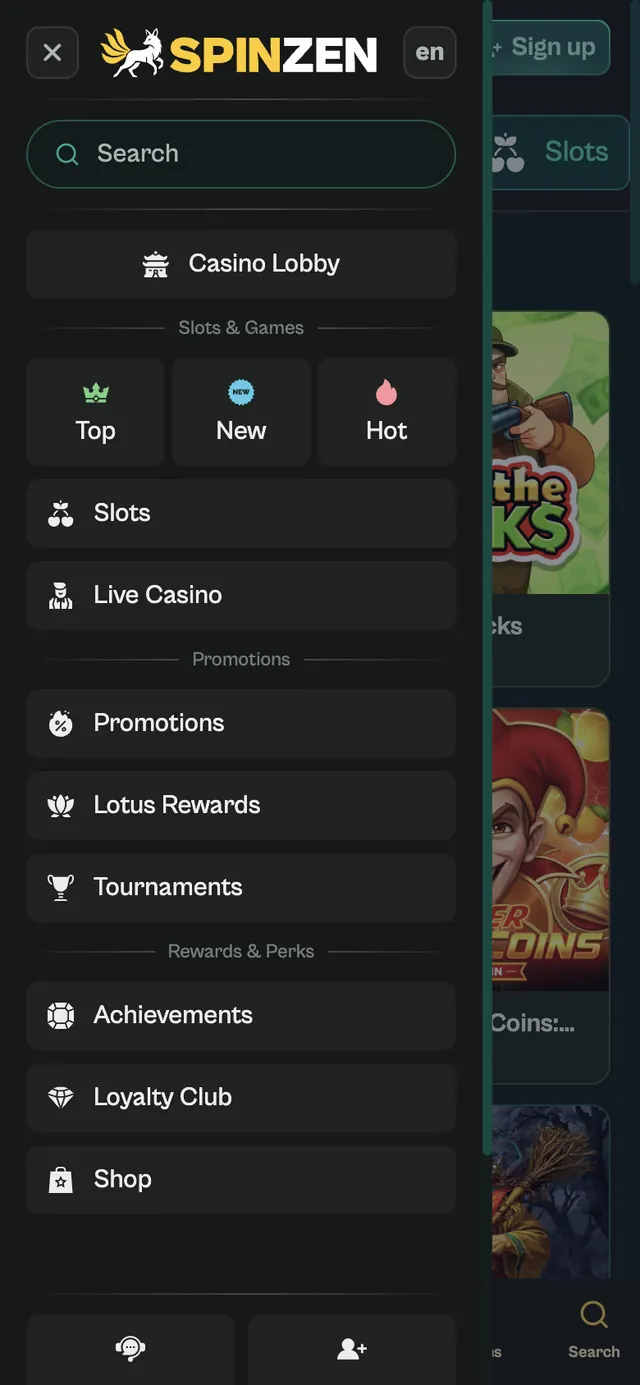 Öppen meny på Spinzens mobilsida med sökfältet Search, Casino Lobby, Slots, Promotions, Lotus Rewards och Shop