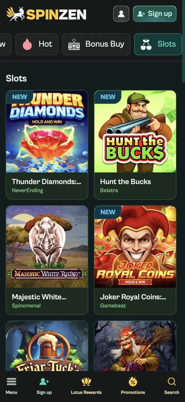 Kategorin Slots på Spinzens engelska mobilsida med två spelkort i bredd, titlar, studionamn och bottenfält